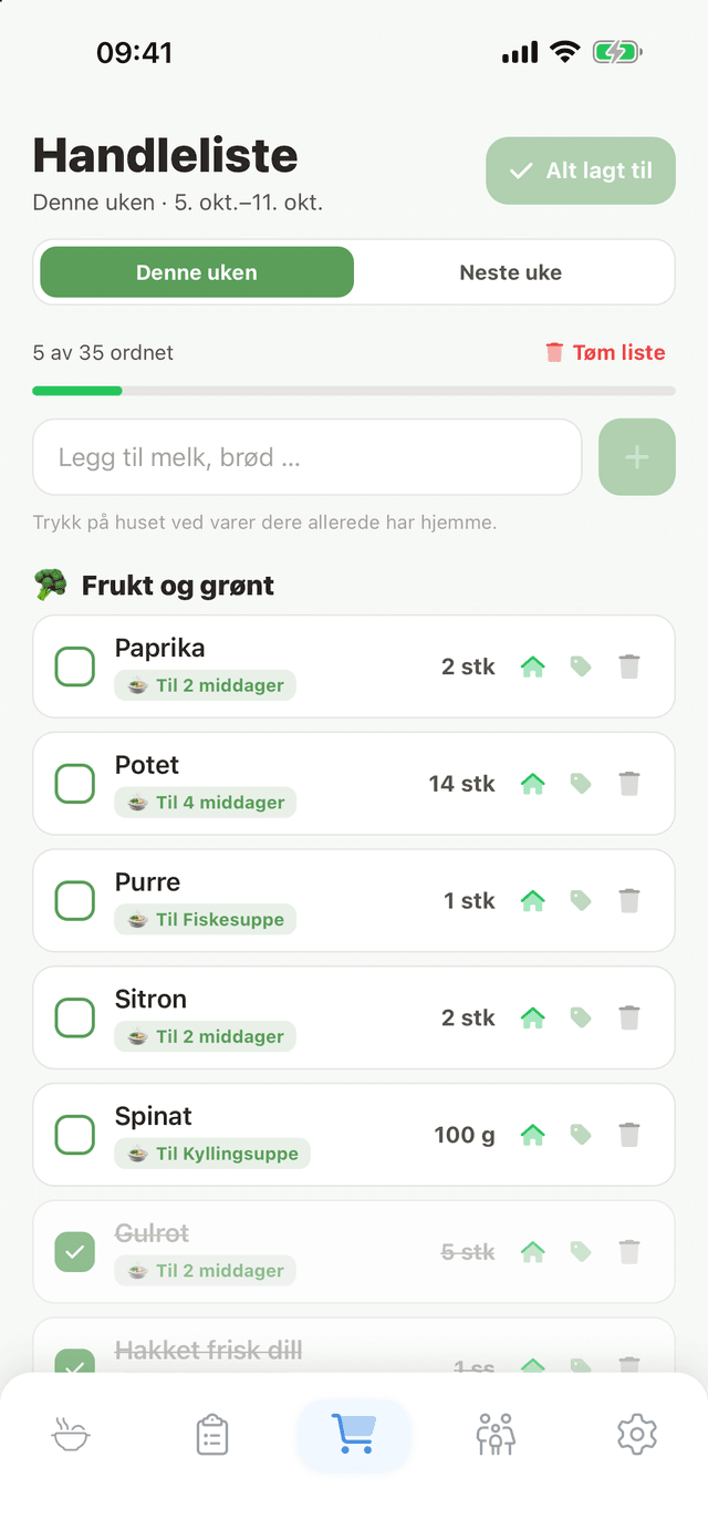 Middagsplan-appen: ukens handleliste sortert etter kategori, med avkryssede varer