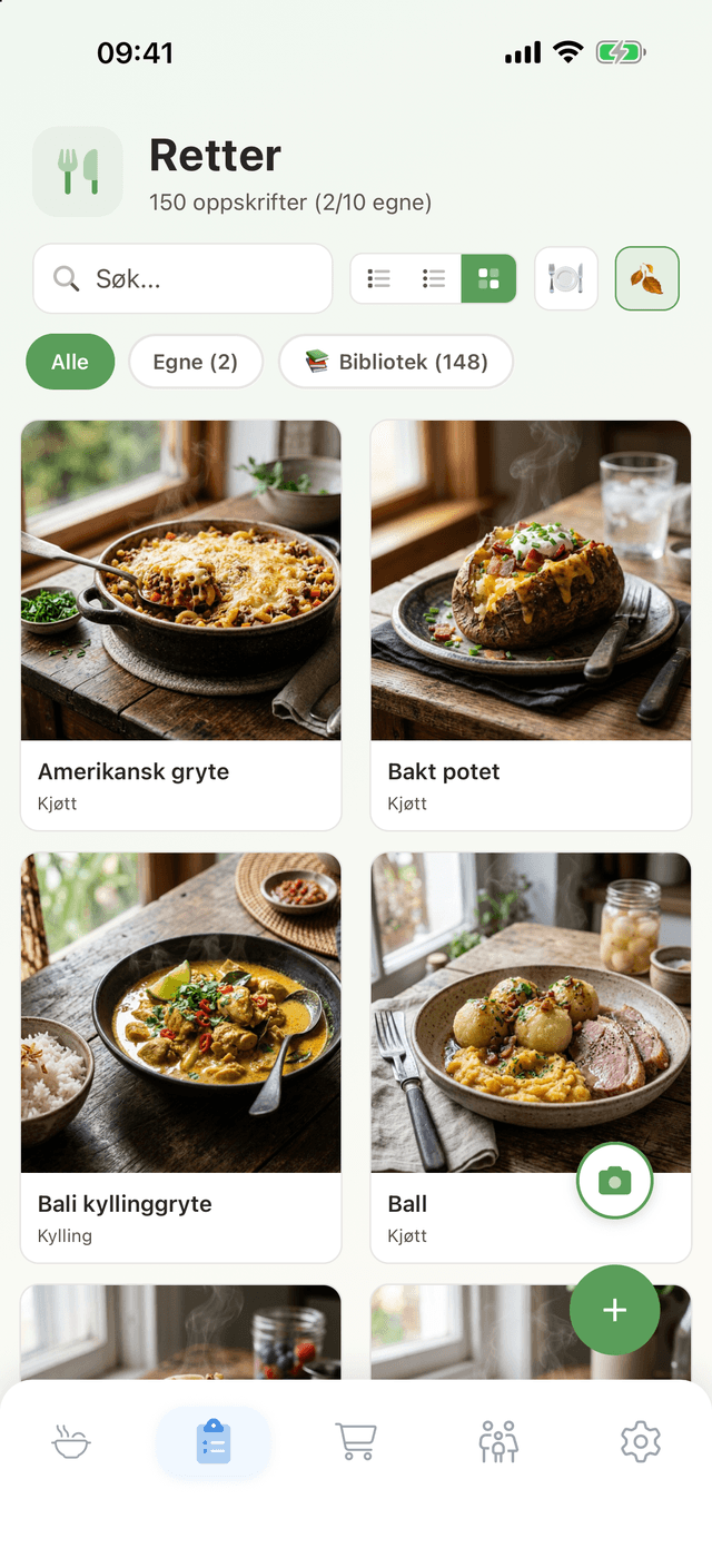 Middagsplan-appen: oppskriftsbiblioteket med bilder av rettene